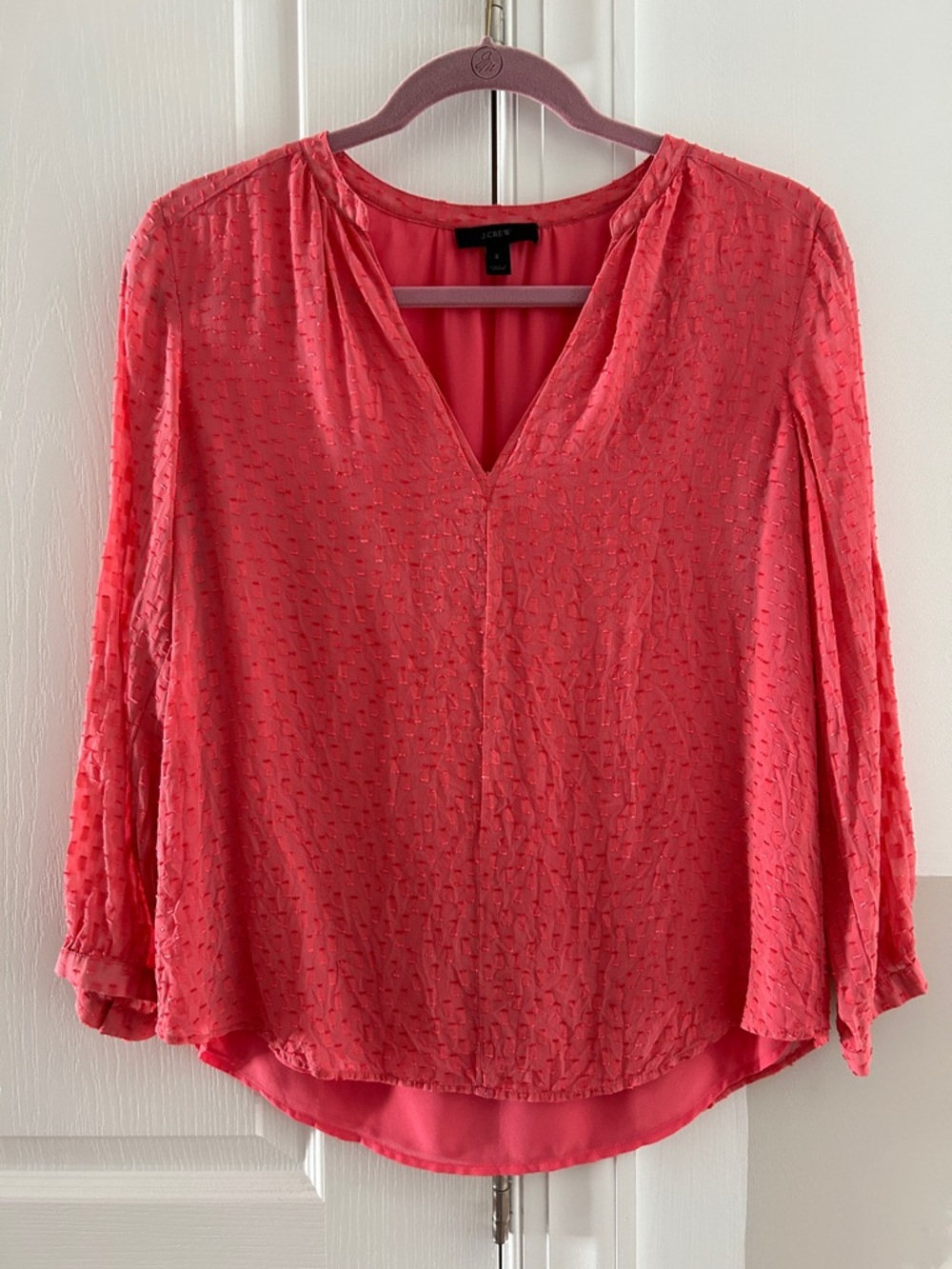 J Crew Coral silk V-Neck Textured Blouse